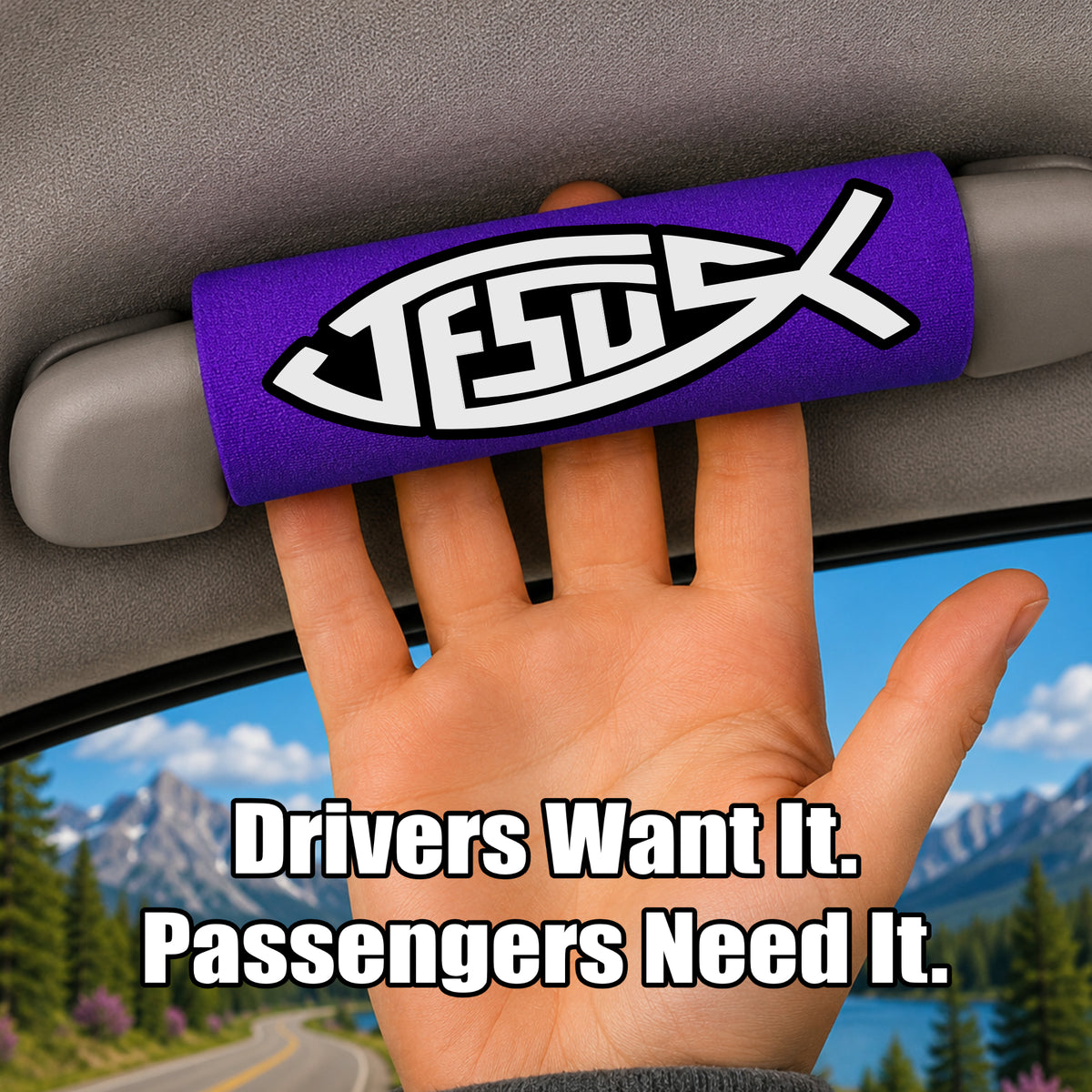 The Jesus Fish Grip installed on a vehicle grab handle with a hand reaching for the grip