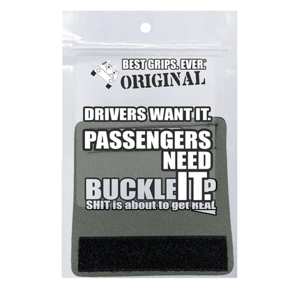The Buckle Up Grip automotive grab handle cover shown in retail packaging