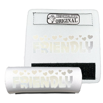 BEST GRIPS. EVER.® leash grip in white featuring HI-VIS I'M FRIENDLY Grip, designed to improve comfort, control, and safety during dog walks.