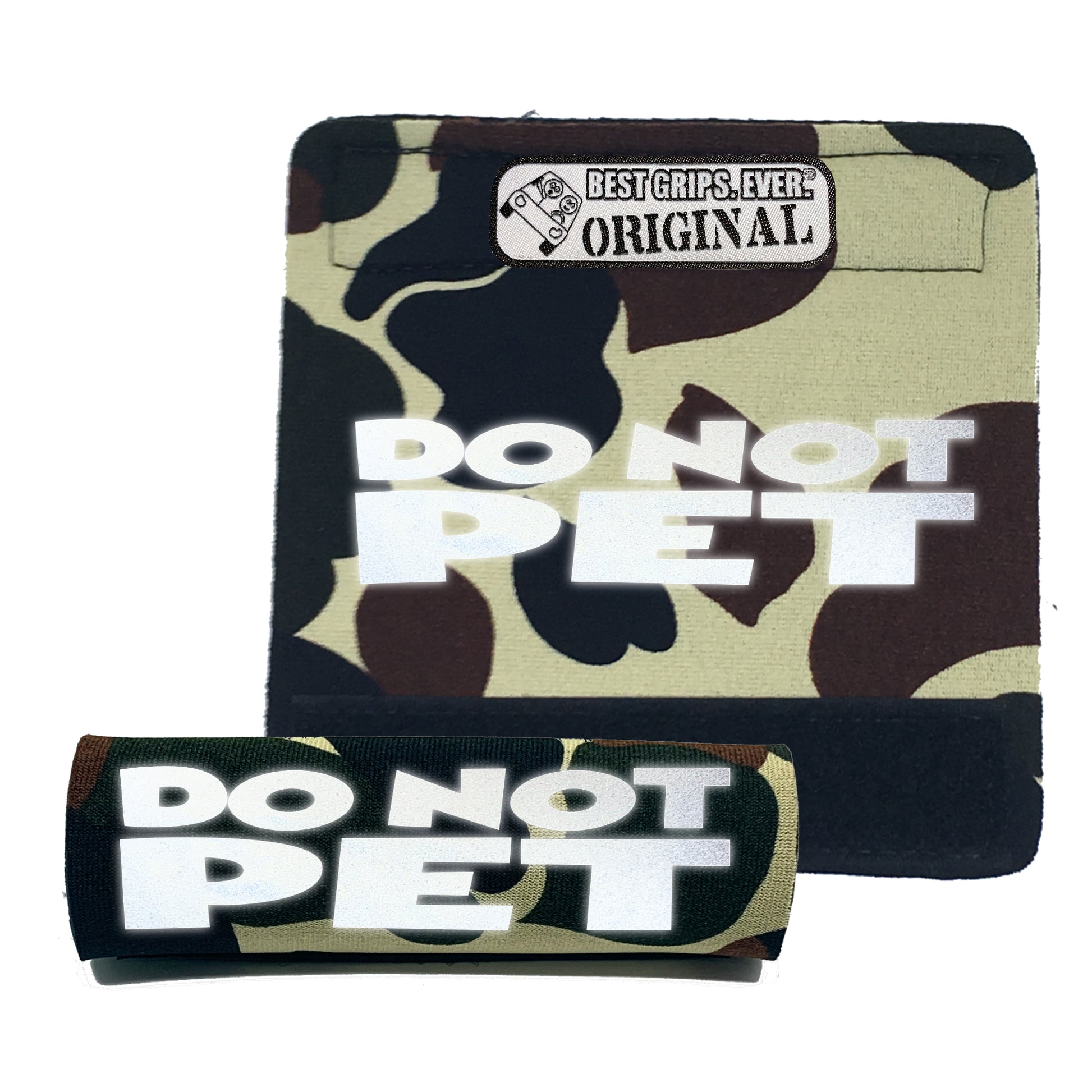 BEST GRIPS. EVER.® leash grip in camo featuring HI-VIS DO NOT PET Grip, designed to improve comfort, control, and safety during dog walks.