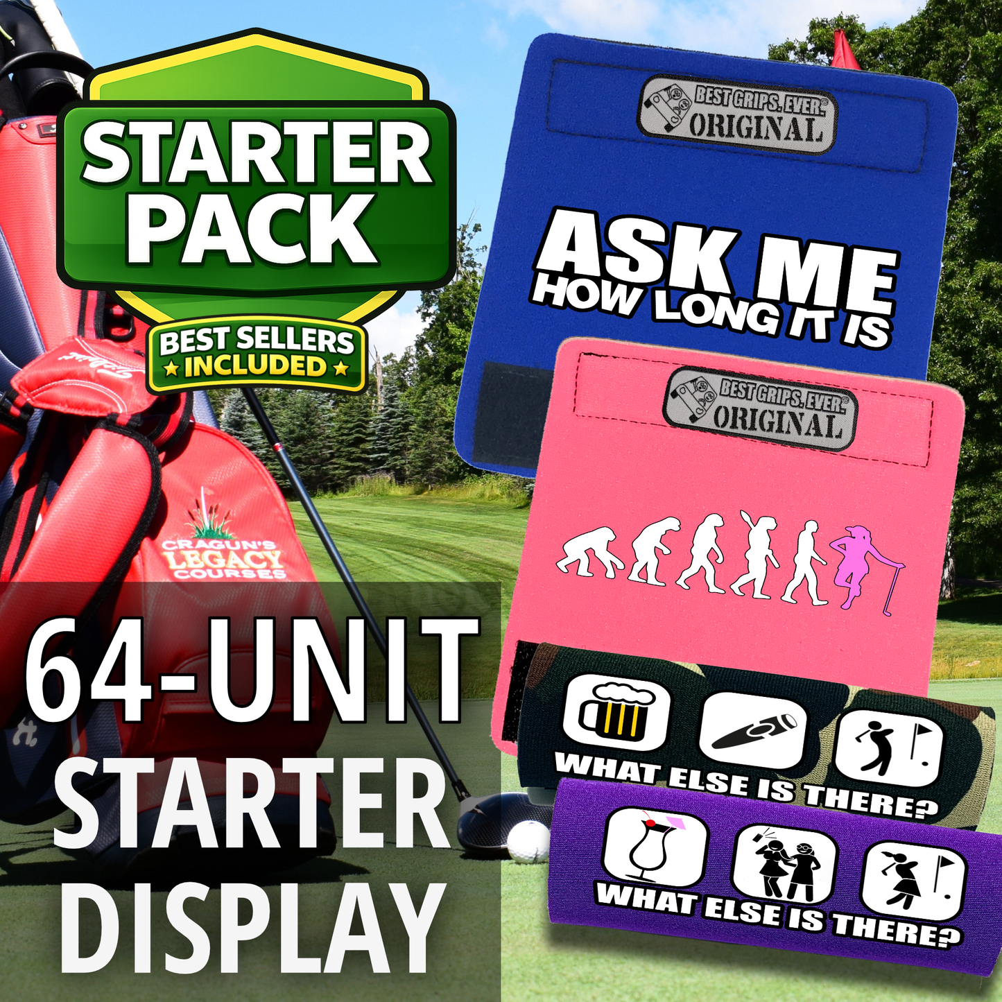 Golf Bag Handle Grip – "Best Sellers Sampler Pack - for Golf" Funny Golf Gift Under $20 (64 Units)