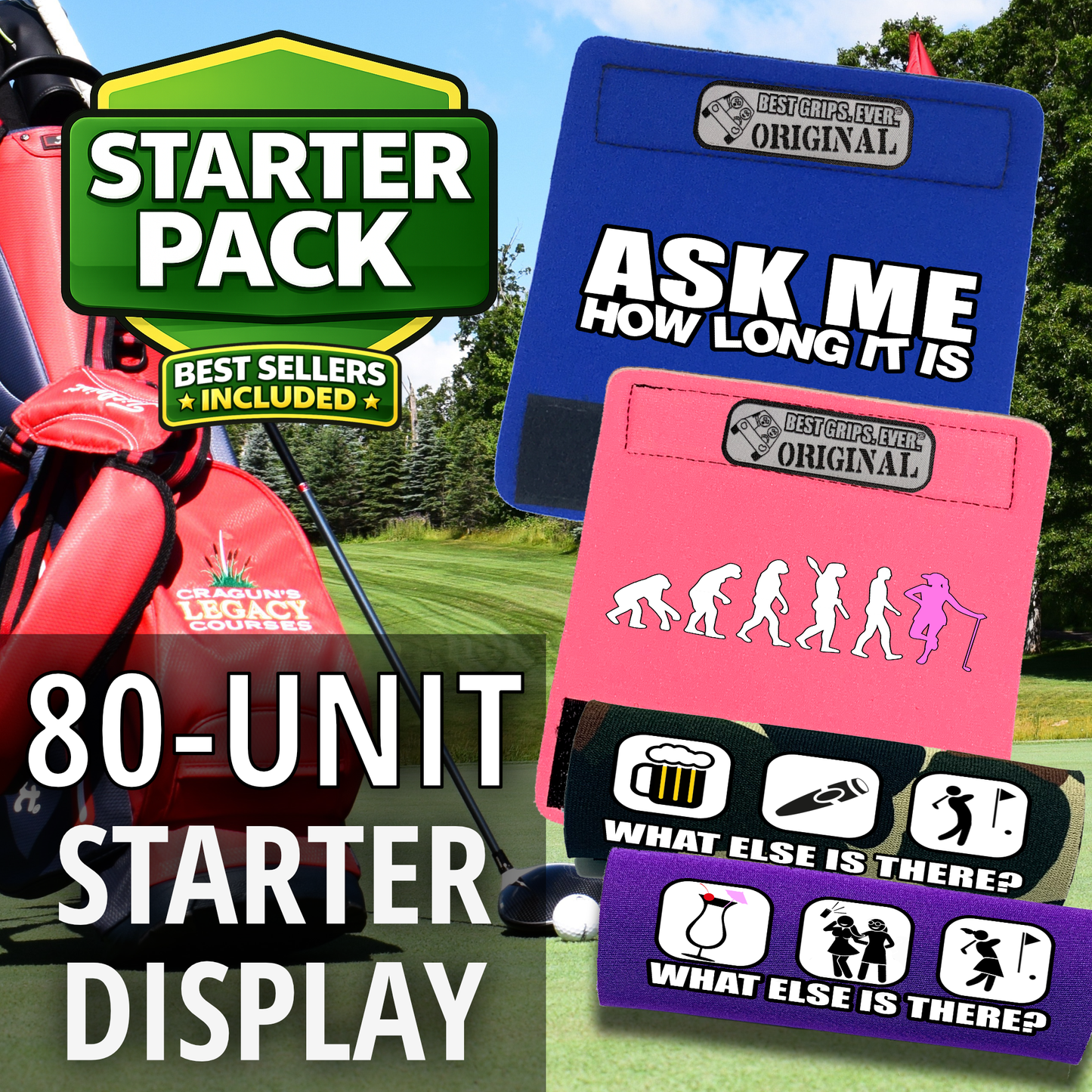Golf Bag Handle Grip – "Best Sellers Sampler Pack - for Golf" Funny Golf Gift Under $20 (80 Units)